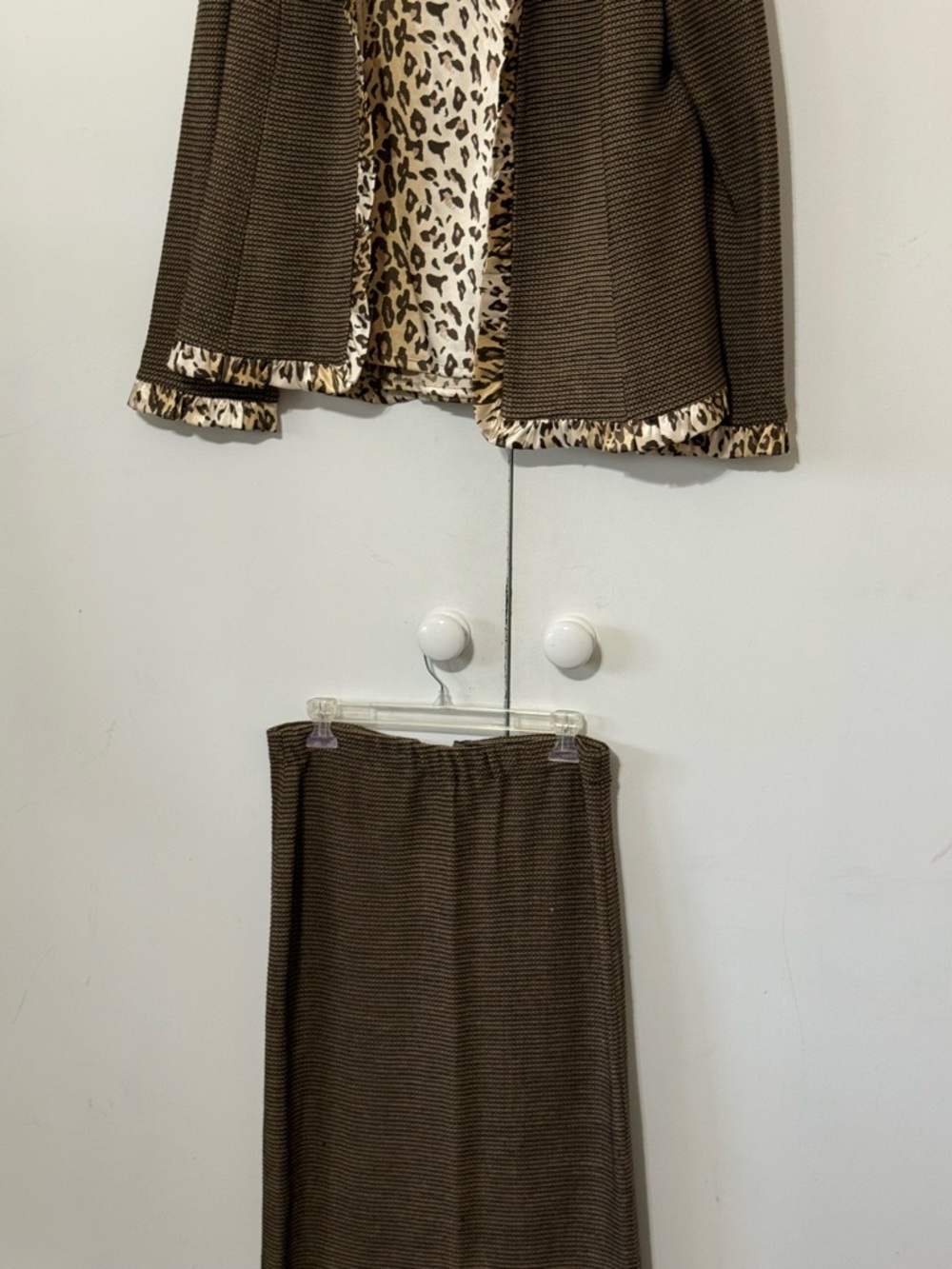 Brown Knit Two-Piece Set with Leopard Trim